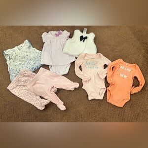 Bundle of 7 Newborn Girls Clothing Pieces Onesies Footie Pants Faux Fur Vest